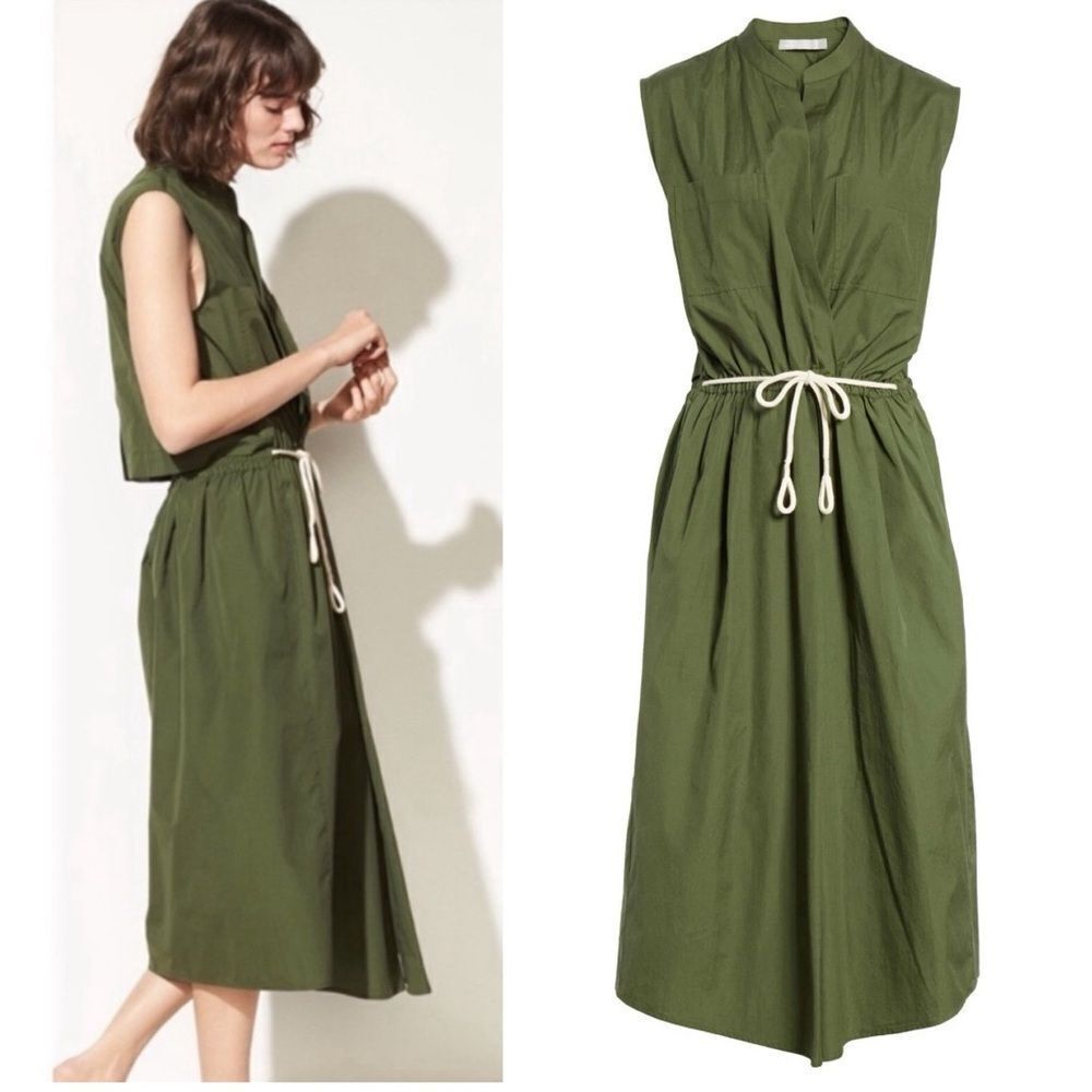 Vince Rope Tie Olive Green Lightweight Cotton Utility Dress